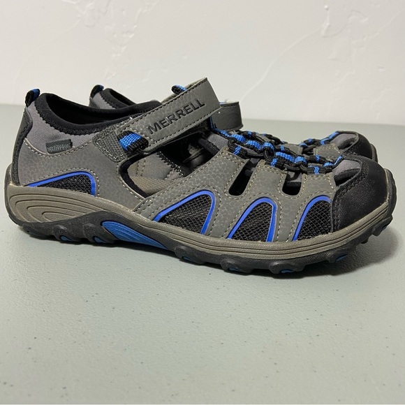 Merrell Boys H20 Hiker Hiking Sandal 4M Gray Blue Leather Upr Hook Loop Closure - Picture 1 of 10